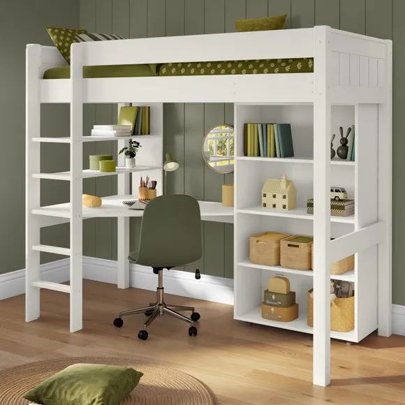 High Sleeper Bed with Desk & Bookcase - White, Pine