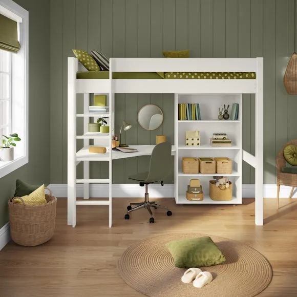 High Sleeper Bed with Desk & Bookcase - White, Pine