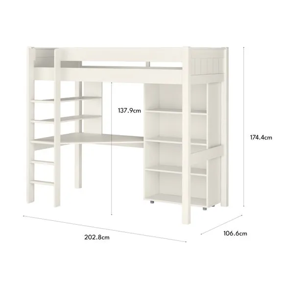 High Sleeper Bed with Desk & Bookcase - White, Pine