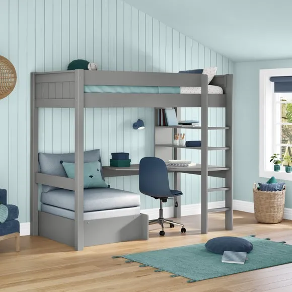 High Sleeper Bed with Desk & Chair - Grey, Wood