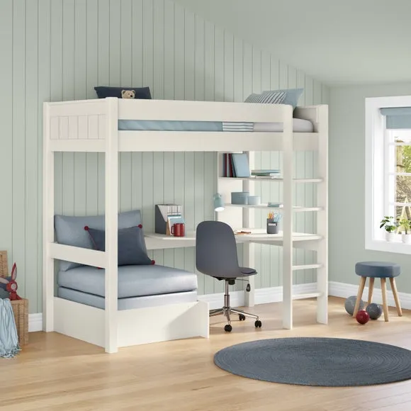 High Sleeper Bed with Desk & Chair - White, Wood