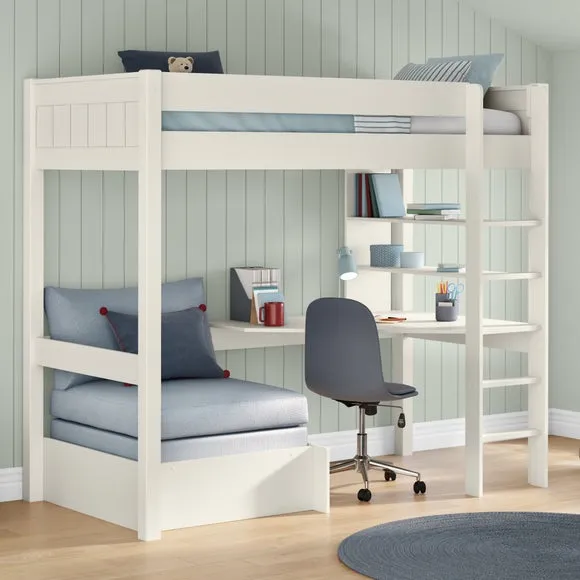 High Sleeper Bed with Desk & Chair - White, Wood