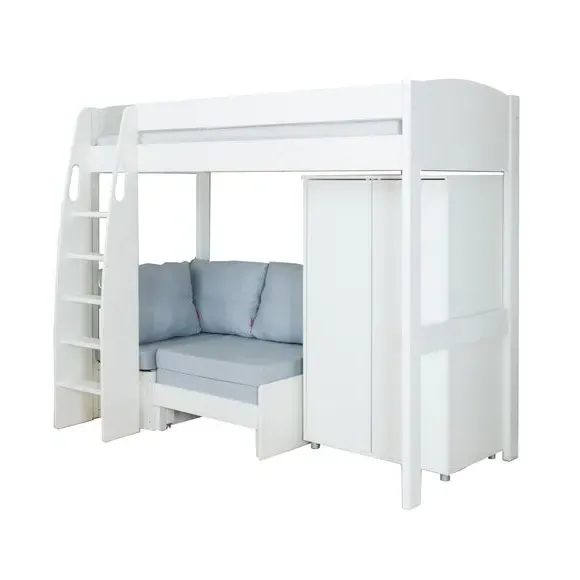 High Sleeper Bed with Sofa & Wardrobe - White, Pine
