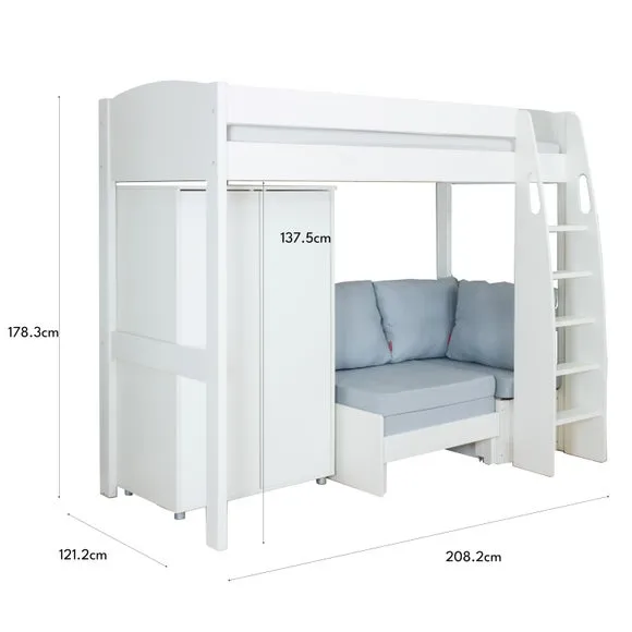 High Sleeper Bed with Sofa & Wardrobe - White, Pine