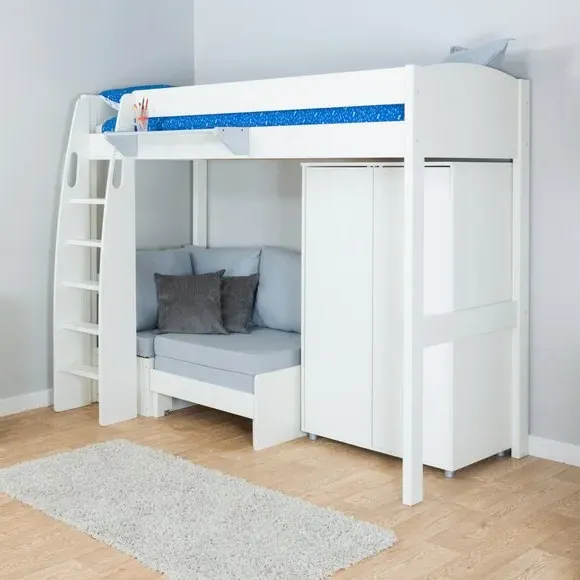 High Sleeper Bed with Sofa & Wardrobe - White, Pine