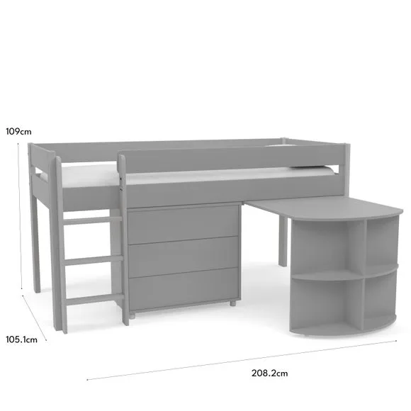 Midsleeper Bed with Desk & Drawers - Grey, Pine