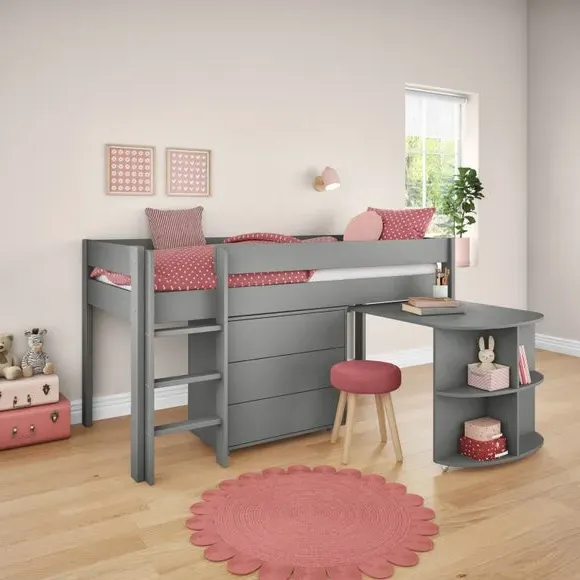 Midsleeper Bed with Desk & Drawers - Grey, Pine