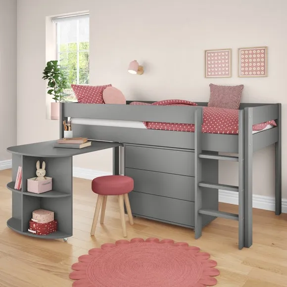 Midsleeper Bed with Desk & Drawers - Grey, Pine
