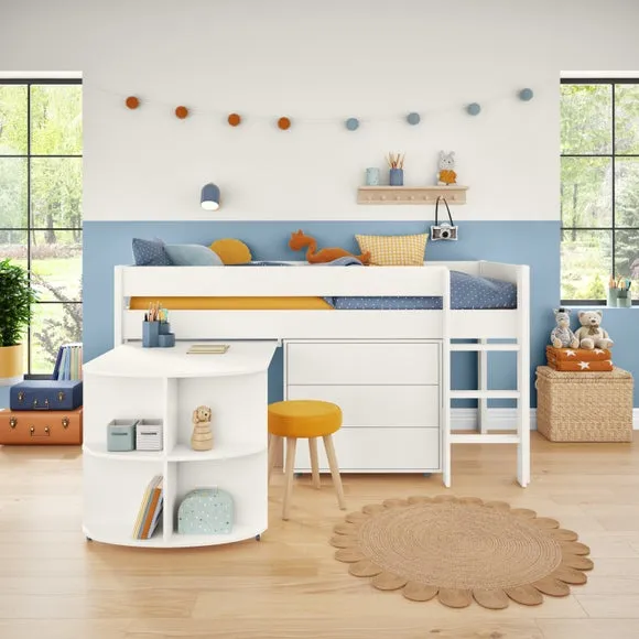 Midsleeper Bed with Desk & Drawers - White, Pine