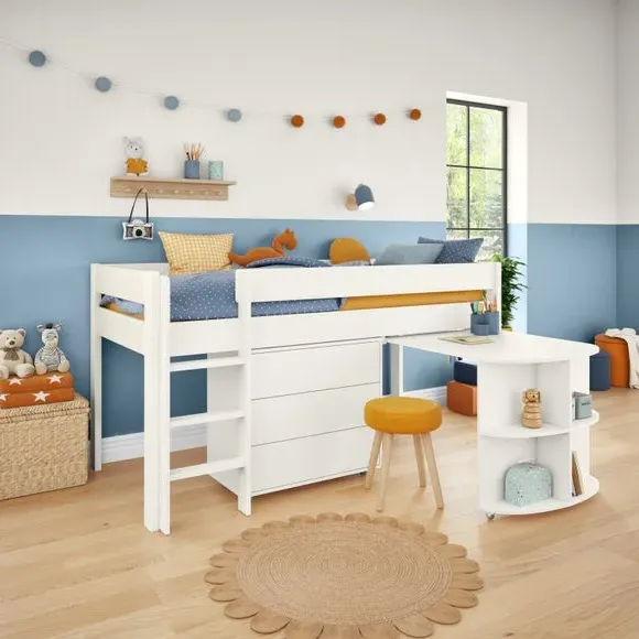 Midsleeper Bed with Desk & Drawers - White, Pine