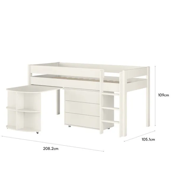Midsleeper Bed with Desk & Drawers - White, Pine