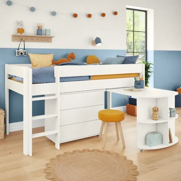 Midsleeper Bed with Desk & Drawers - White, Pine