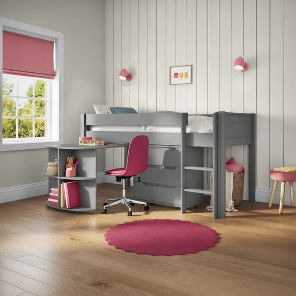 Midsleeper Bed with Desk & Storage - Grey, Pine