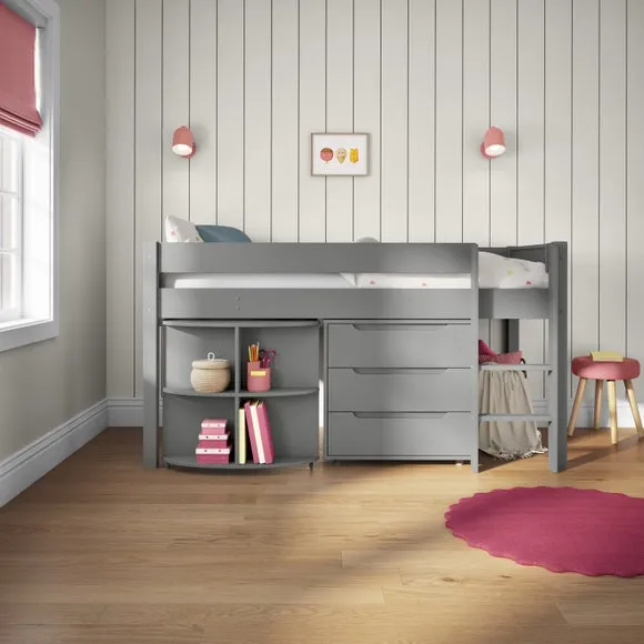 Midsleeper Bed with Desk & Storage - Grey, Pine