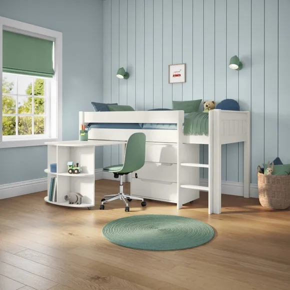 Midsleeper Bed with Desk & Storage - White, Pine