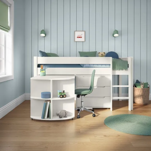 Midsleeper Bed with Desk & Storage - White, Pine
