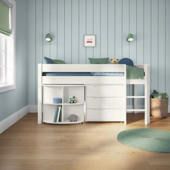 Midsleeper Bed with Desk & Storage - White, Pine