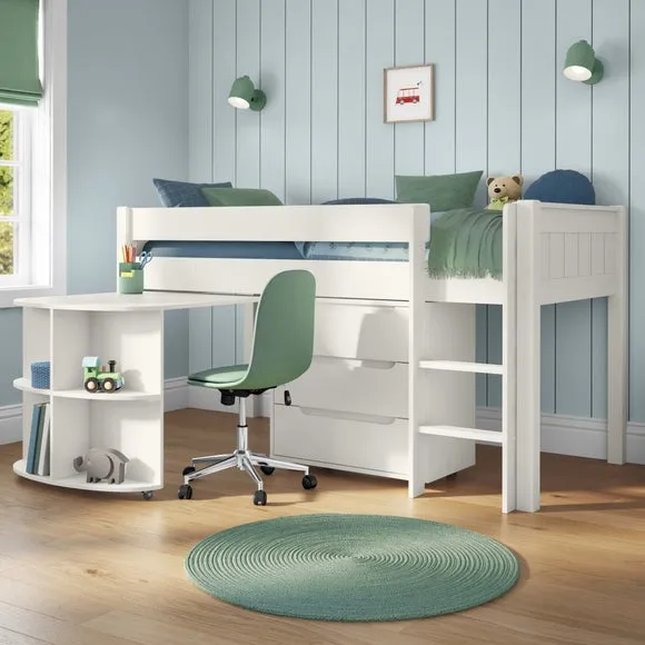 Midsleeper Bed with Desk & Storage - White, Pine