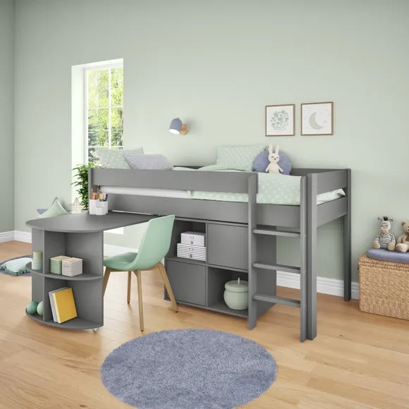 Midsleeper Bed with Pull Out Desk - Grey, Pine