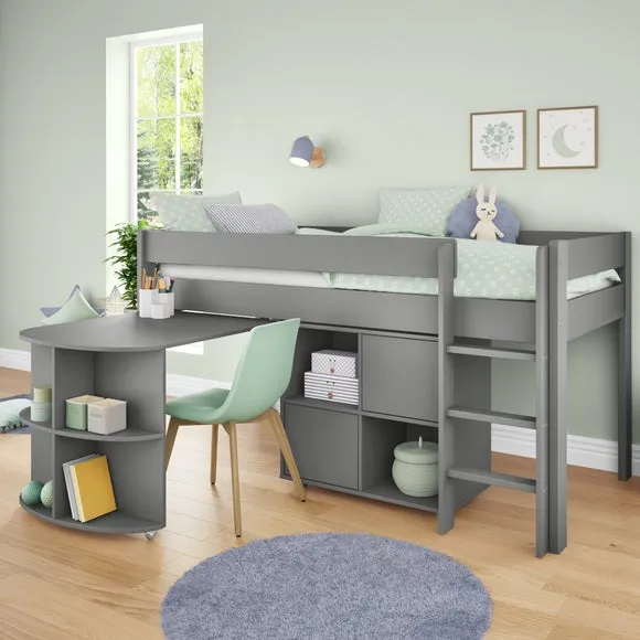 Midsleeper Bed with Pull Out Desk - Grey, Pine image