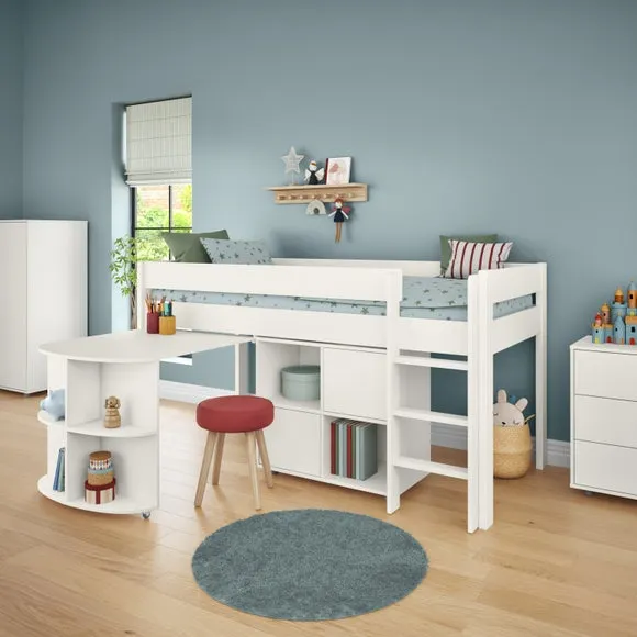 Midsleeper Bed with Pull Out Desk - White, Pine