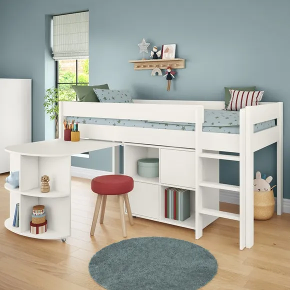 Midsleeper Bed with Pull Out Desk - White, Pine