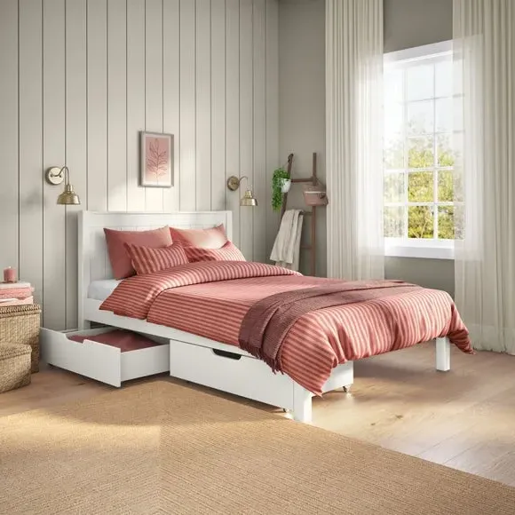 Single Bed with 2 Drawers - White, Pine