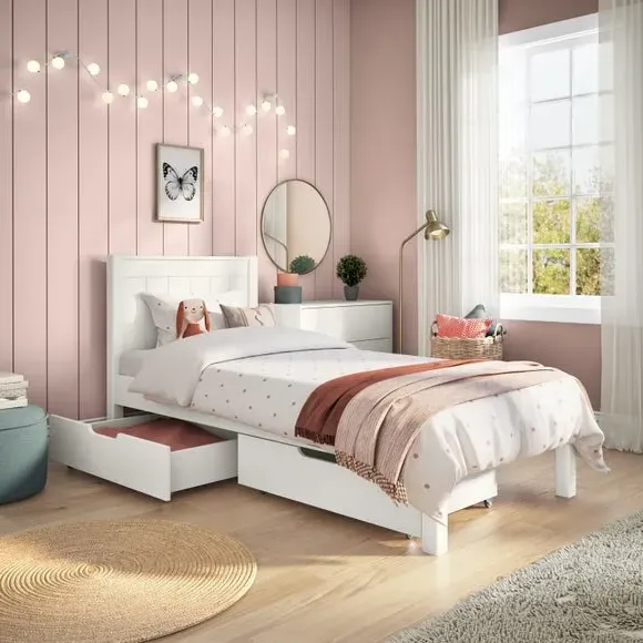 Single Bed with 2 Drawers - White, Pine