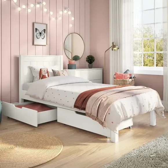 Single Bed with 2 Drawers - White, Pine