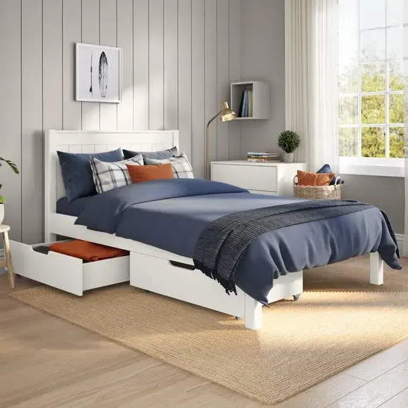 Single Bed with 2 Drawers - White, Pine
