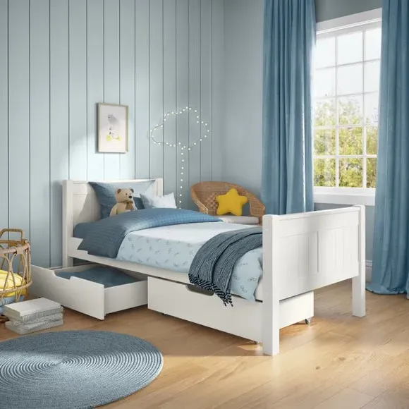 Single Bed with Storage Drawers - White, Pine