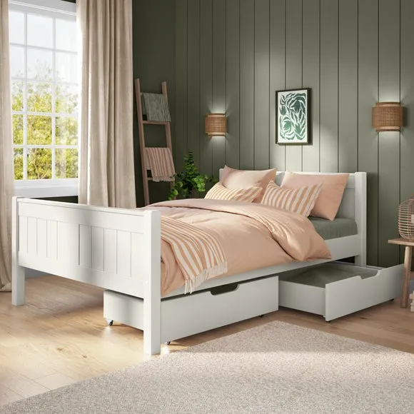 Single Bed with Storage Drawers - White, Pine