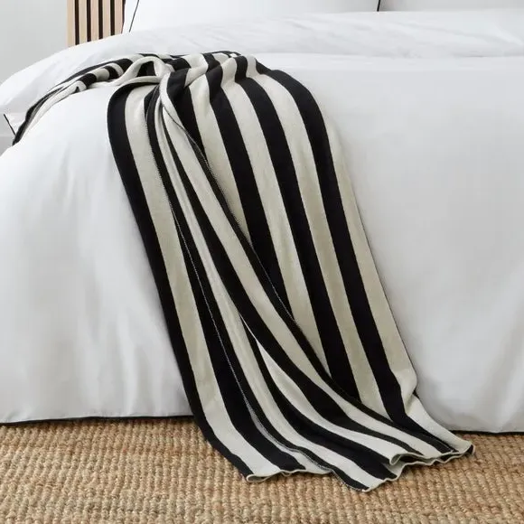 Knitted Stripe Throw Blanket - White, Cotton image
