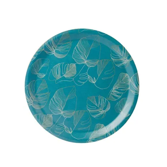Large Round Serving Tray - Teal, Leaf Print