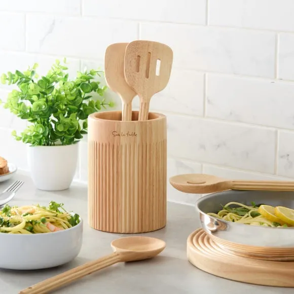 4-Piece Utensil Set with Holder - Brown, Wood image