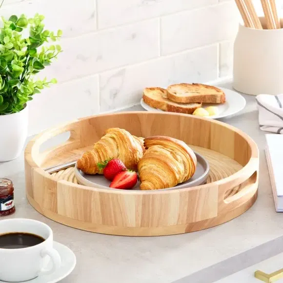 Round Serving Tray with Handles - Brown, Wood image