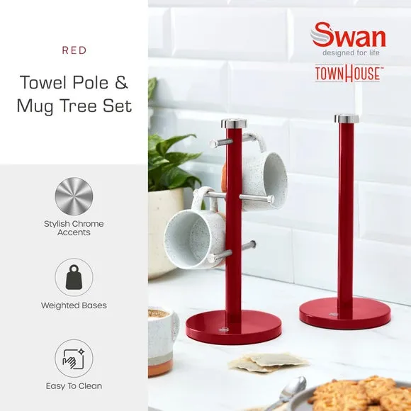 6-Cup Mug Tree and Towel Pole Set - Red, Iron