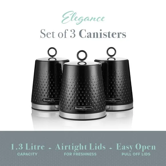 Set of 3 Kitchen Canisters - Black, Steel