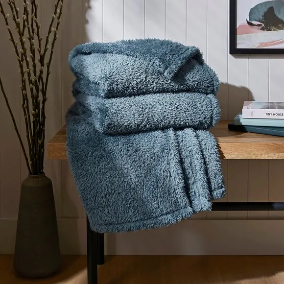 Throw Blanket with Shaggy Texture - Blue, Teddy