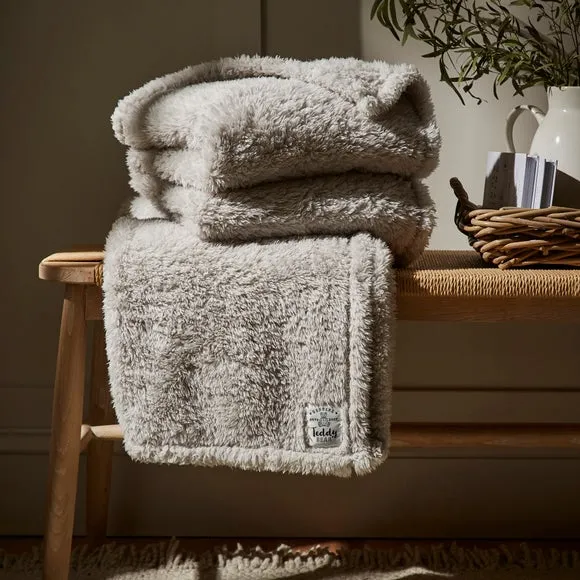 Throw Blanket with Shaggy Texture - Grey, Teddy
