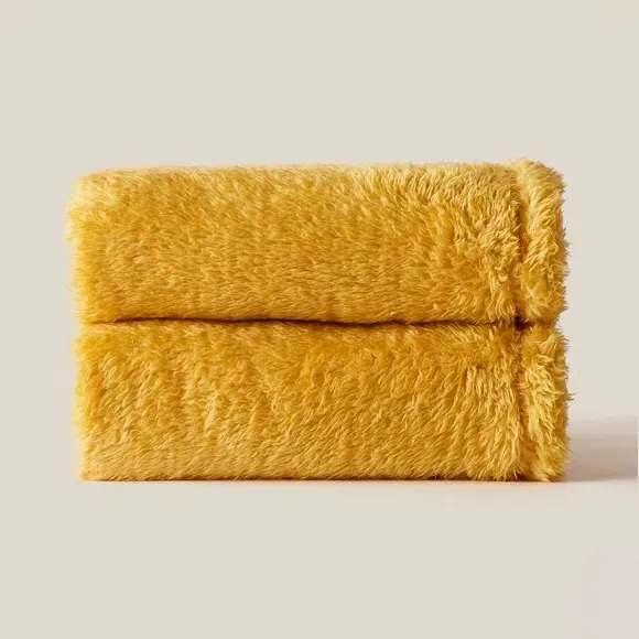 Throw Blanket with Shaggy Texture - Ochre, Teddy