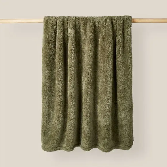 Throw Blanket with Shaggy Texture - Olive, Teddy