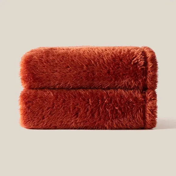 Throw Blanket with Shaggy Texture - Orange, Teddy