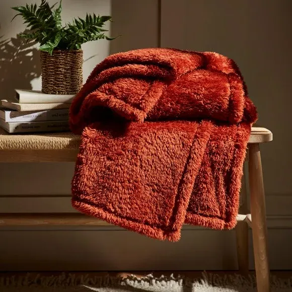 Throw Blanket with Shaggy Texture - Orange, Teddy