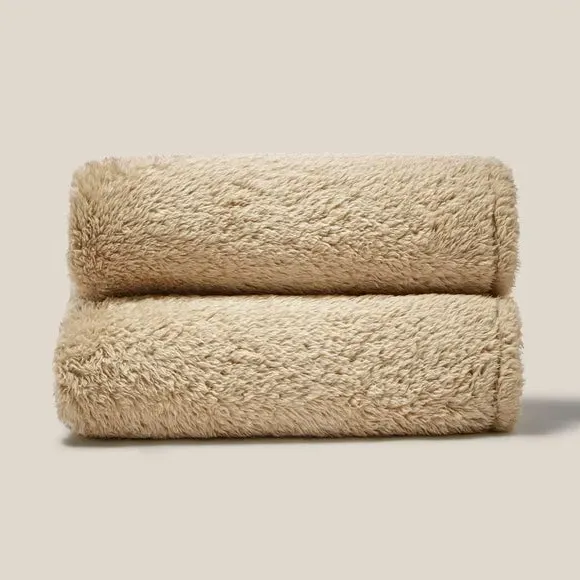 Throw Blanket with Shaggy Texture - Taupe, Teddy