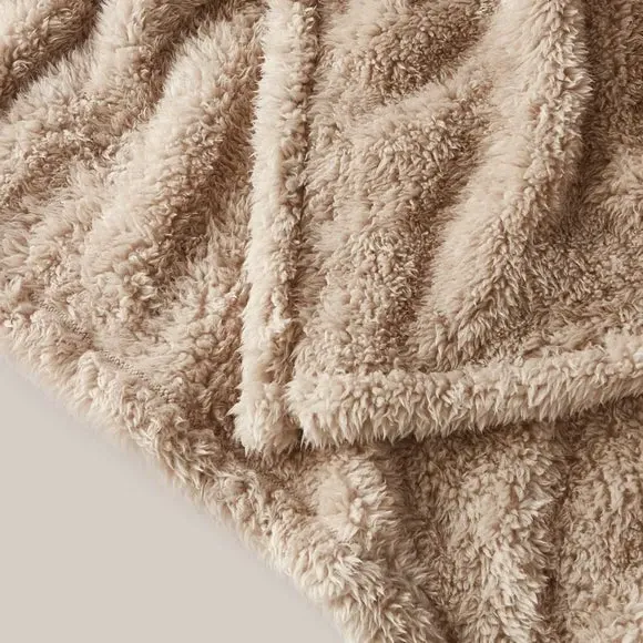 Throw Blanket with Shaggy Texture - Taupe, Teddy