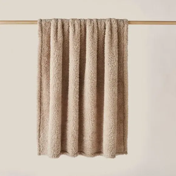 Throw Blanket with Shaggy Texture - Taupe, Teddy