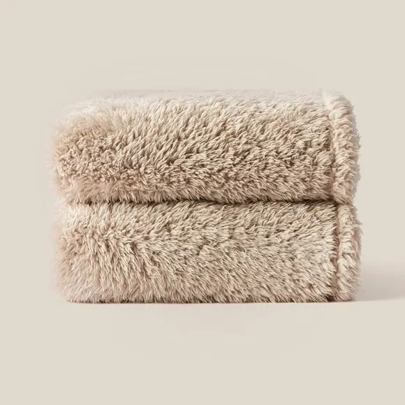 Throw Blanket with Shaggy Texture - Taupe, Teddy