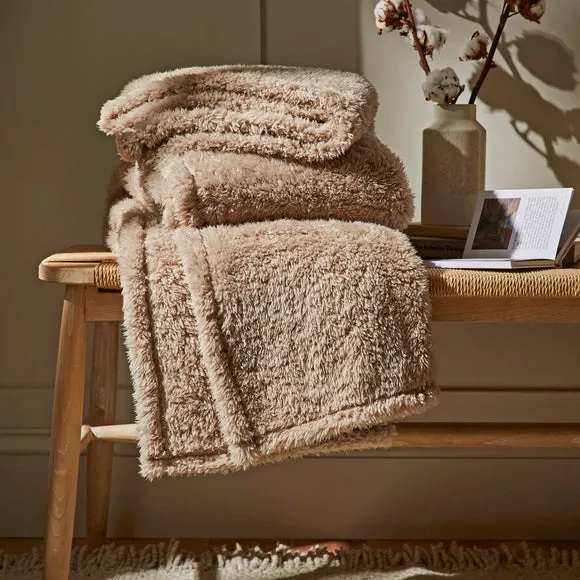 Throw Blanket with Shaggy Texture - Taupe, Teddy