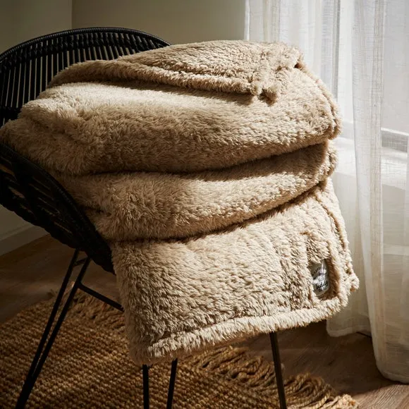 Throw Blanket with Shaggy Texture - Taupe, Teddy